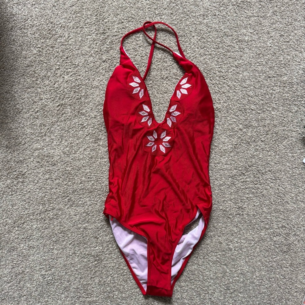 Red Halter One-Piece Swimsuit with Floral Design